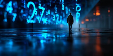 Human Silhouette in Abstract Digital Landscape with Floating Code