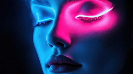 Obraz premium Close-up of a white-painted face illuminated by blue and pink neon lights, conveying an ethereal and futuristic ambiance.