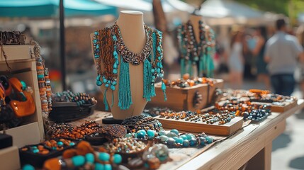 Handcrafted jewelry and fashion accessories displayed at outdoor city festival celebrating artisanal creativity and local craftsmanship