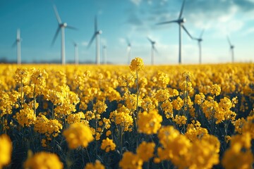 Golden field of flowers, wind turbines in background
