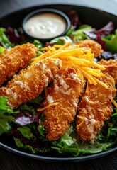 Fototapeta premium A fresh salad topped with crispy chicken tenders, cheese, and a side of ranch dressing. Stock