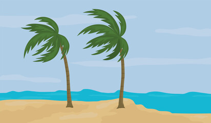 Strong wind blowing the palm trees in windy day on the beach