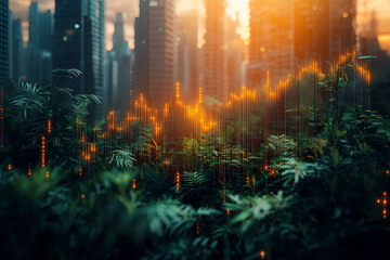 Obraz premium Urban jungle growth overlaying economic data.