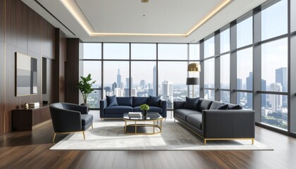 Fototapeta premium Luxurious business lounge with dark wood tones and brass accents