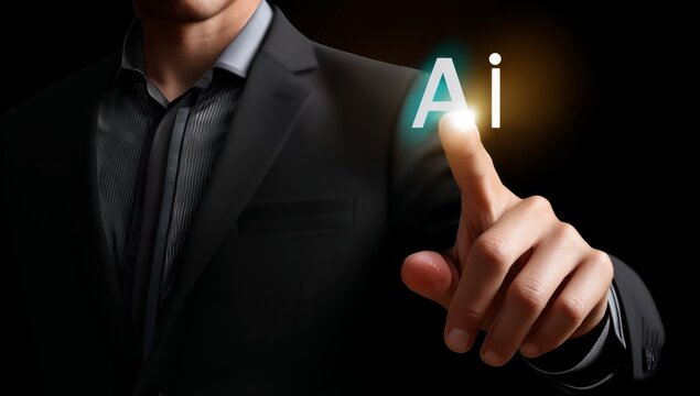 Businessman Touching Digital AI Icon with Hologram and Data Flow Background