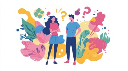 Young troubled couple. Confused woman and man thinking together. People with question marks vector illustration. Man and woman with question, thinking guy illustration , no logos, no brands