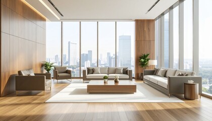Luxurious business lounge with dark wood tones and brass accents