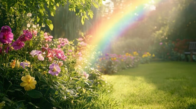A garden with thick, green grass and blooming flowers, the double rainbow casting a soft glow over the entire scene.