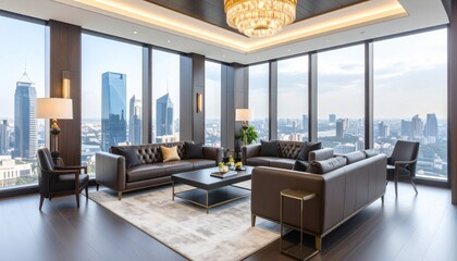 Luxurious business lounge with dark wood tones and brass accents