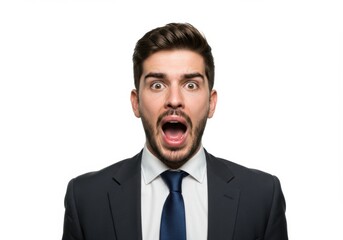 Shocked Businessman with Open Mouth and Wide Eyes Isolated on White Background