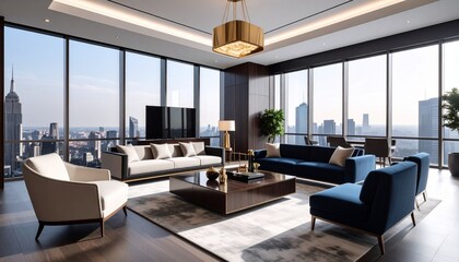 Fototapeta premium Luxurious business lounge with dark wood tones and brass accents
