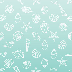 Seamless pattern of various seashells and starfish in white outlines on a light green background, often used for backgrounds, textiles, and other decorative purposes. 