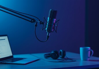 The image captures a modern recording space with a condenser microphone on a boom arm, a laptop displaying audio software, black headphones, and a white mug, all illuminated in cool blue and purple to