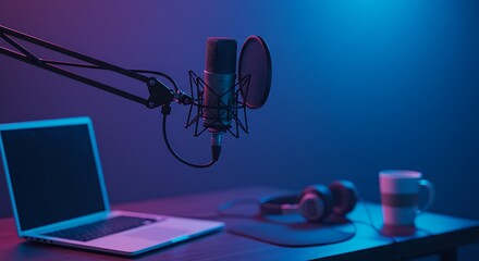 A condenser microphone mounted on a boom arm takes center stage in a blue and purple lit studio, with a laptop displaying audio waveforms and black headphones nearby, ready for recording.