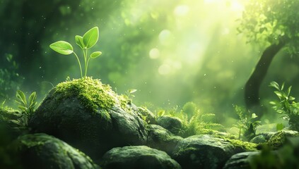 New life emerging in a mossy forest