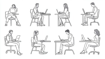 Linear vector illustration set of isolated people with computers at workplace virtual video conference call and meeting. Diverse men and women with laptops at remote work online business communicatio