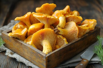 Fresh chanterelle mushrooms in a rustic wooden box on a wooden table.