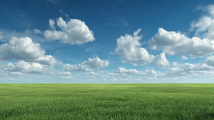 Fototapeta premium Expansive Grassy Field Under Bright Blue Sky with Fluffy Clouds