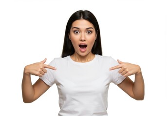 Surprised Young Woman Pointing at Herself in White T Shirt Isolated on White Background
