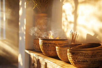Warm ambiance with woven baskets and smoke.