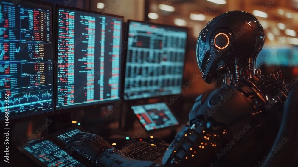 Poster ai robot trader works in modern financial trading automation. robot analyzes financial data on multi
