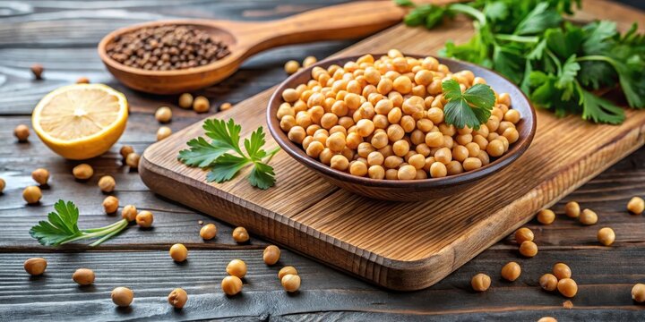 Boiled chickpeas with scattered cumin seeds on a wooden cutting board, surrounded by fresh coriander leaves and lemon wedges