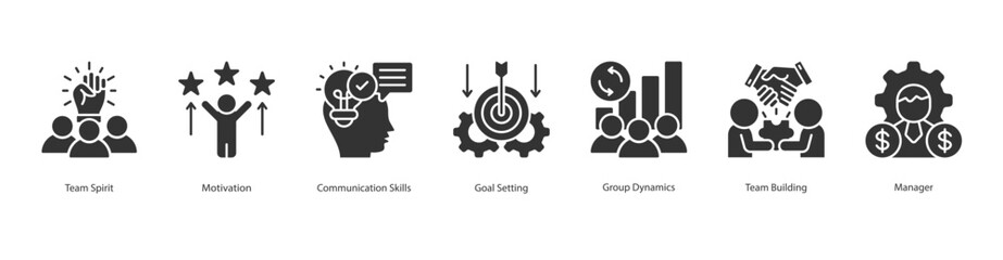 Team Motivation web banner icon sheet vector team spirit, motivation, communication skills, goal setting, group dynamics, team building, manager
