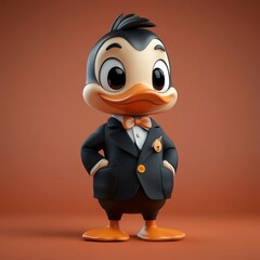 A digitally rendered duckling in a tuxedo.