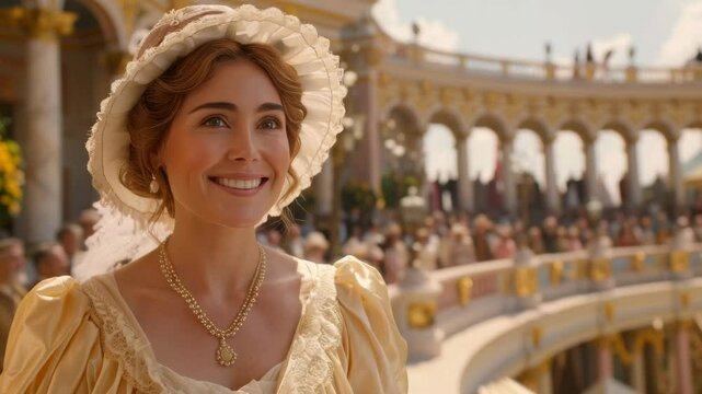 A joyful woman in a pink dress and princess hat against a backdrop of a theater, coliseum, and open air. This vibrant image conveys happiness and elegance, perfect for celebrating special moments.