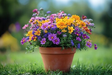 Obraz premium Colorful flower arrangement in terracotta pot with lawn field behind and vibrant summer mood for outdoor gardening plant growth and eco horticulture themes, 