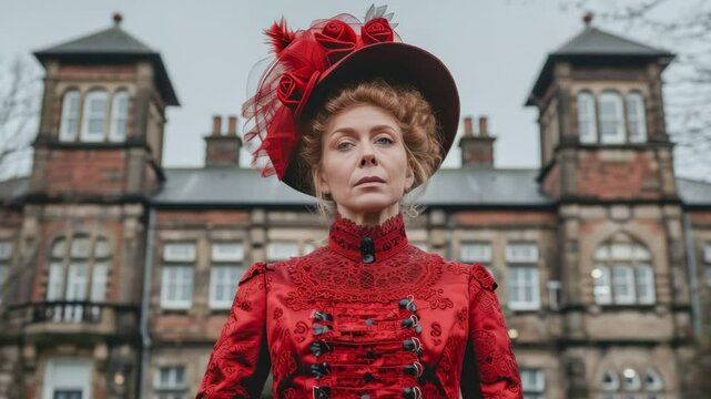 A weary woman in a striking red gown, embodying the essence of a countess or boyar, stands thoughtfully against her majestic castle backdrop, reflecting strength and resilience.