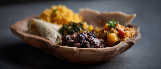 Wooden plate with traditional African dishes including beans and vegetables