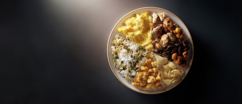 Plate divided into sections with various foods including rice, vegetables, and meat