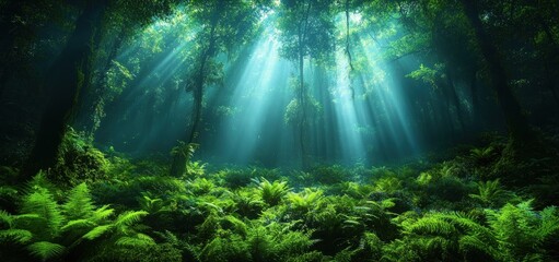 Obraz premium Enchanted Forest: Sunbeams Dance Through Lush Greenery