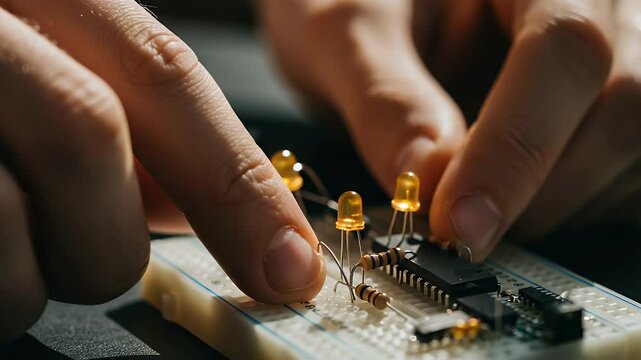 Close-up of Hands Assembling Electronic Circuitry on Breadboard