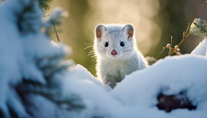 Obraz premium A snow marten standing on snowdrift, view of rare animal in the arctic regions with green frost forest