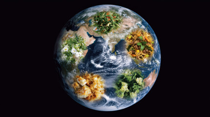 Fototapeta premium Earth with diverse cuisines mapped on continents, showcasing global flavors