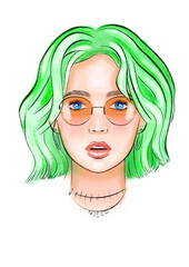 teenager girl with green hair, portrait of a girl hand drawn watercolor illustration png cut out