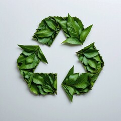 Green leaf recycling symbol: image shows a recycling sign formed from fresh green leaves on a light gray background, symbolizing ecological awareness, naturalness, and the organic aspect of recycling.
