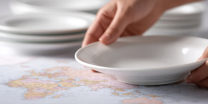 Hands arranging white dishes over world map, suggesting global cuisine