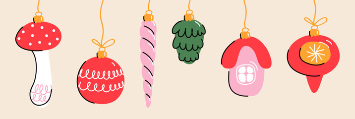 Simple cute minimal horizontal colorful set of Christmas tree decorations in retro style: fly agaric, ball, icicle, pine cone, house on light background; hand drawn illustration, drawing, flat style