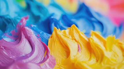 Vibrant Abstract Paint Texture Featuring Yellow Blue And Pink Smudges Creates An Artistic Colorful Background In Close