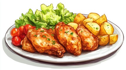 Fried chicken fillet, boiled potatoes and vegetable salad illustration , no logos, no brands