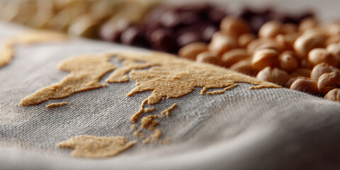 World map crafted from food patterned fabrics with beans and grains