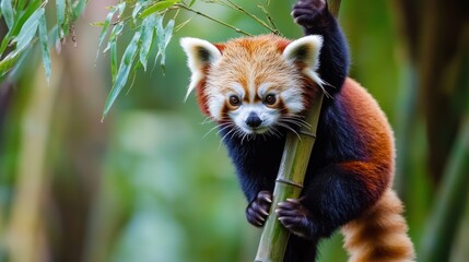 Obraz premium Charming red panda clinging to bamboo stalk in lush green habitat setting