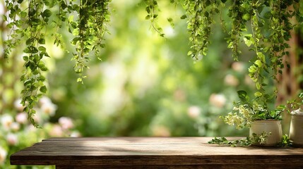 Naklejka premium Sunlit Garden Table with Draping Green Vines and Fresh Plants