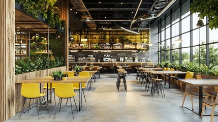 Naklejka premium Modern cafe interior with a focus on green decor, tables, and chairs arrangement