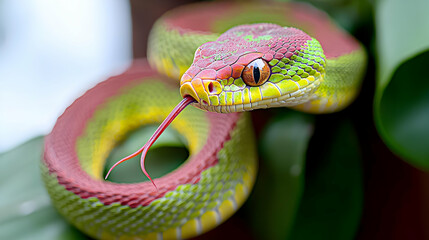Fototapeta premium Close Up Colorful Tropical Snake On Leaves
