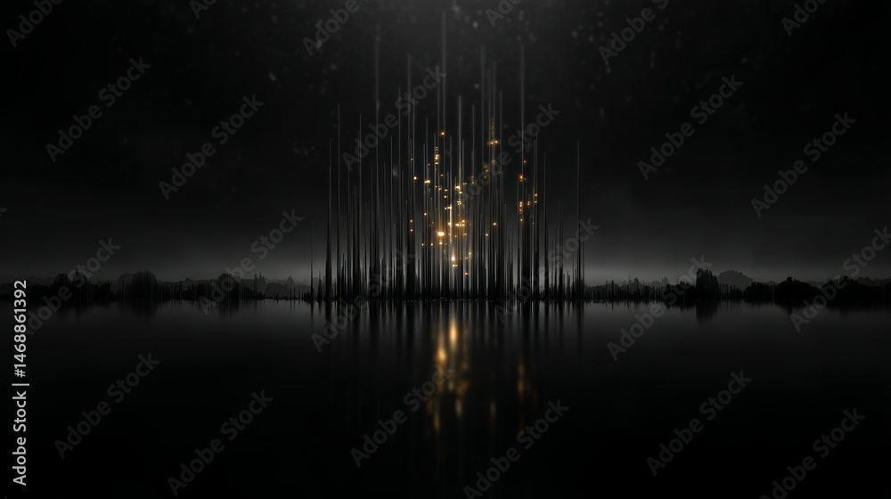 Poster minimalistic visual of frequency space with glowing signal lines and black void