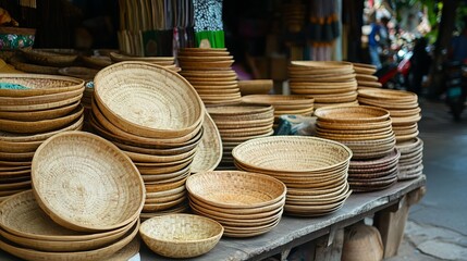 Handmade woven bamboo baskets and dishes displayed at outdoor market in ho chi minh city, vietnam